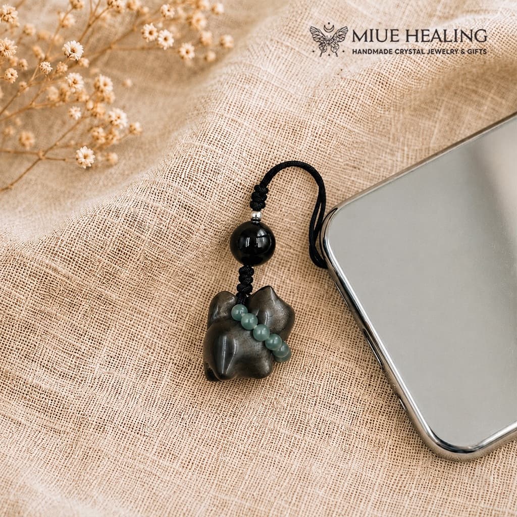 Móc Treo Điện Thoại Mèo Obsidian Đeo Vòng Đá Tự Nhiên - Miue.healing