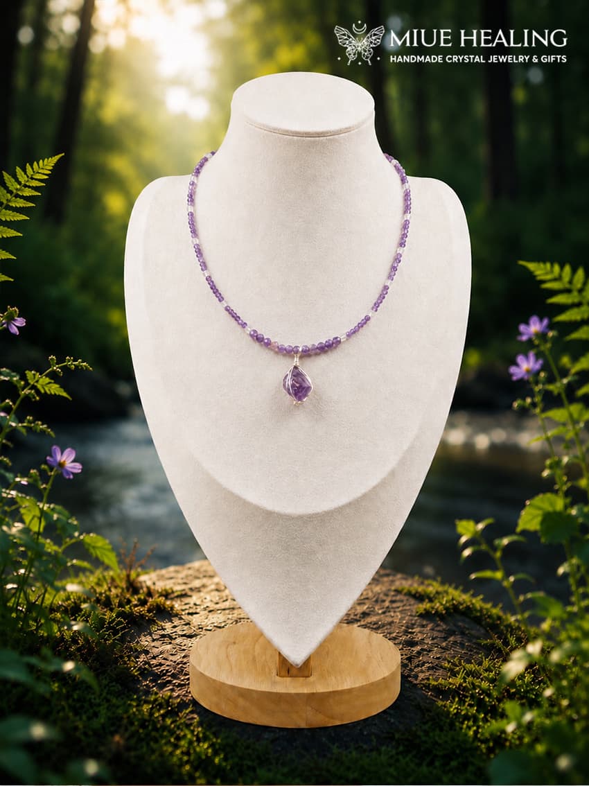 Dây Chuyền Đá Cắt Giác Phối Mặt Đá Thô Cuốn Dây Đồng Handmade - Miue.healing